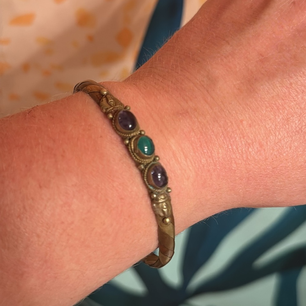 Handmade Bracelet Cuff with Amethyst and Chrysoprase - Picture 2 of 6